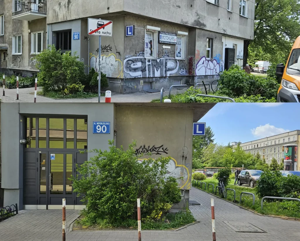 2 połaczone zdjęcia prezentujące jak trafic do biura przy al. Niepodległości 90/lok. 2